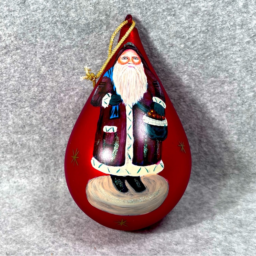 Christmas Blown Glass Ornament Hand Painted ART GLASS SANTA‎ Tear Drop 6.5” H